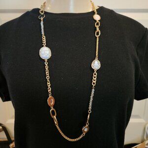 Gold-plated long necklace featuring mixed gemstone beads